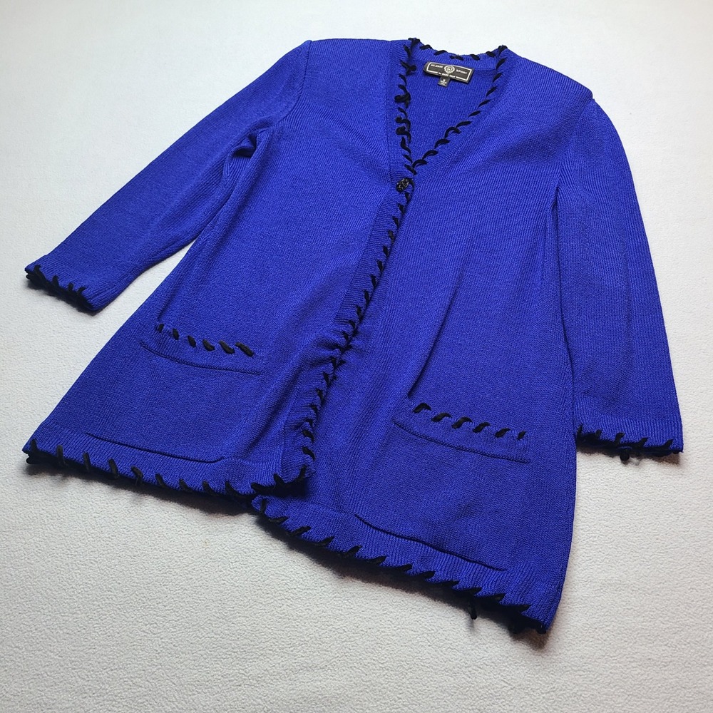 St. John Sport Cardigan Womens M Blue Excellent Velvet Whipstitch Longline Knit